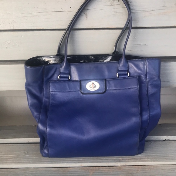 KATE SPADE ♠️ ROYAL BLUE W/BLACK TRIM LARGE LEATHER TOTE SHOULDER BAG PURSE - Picture 1 of 9
